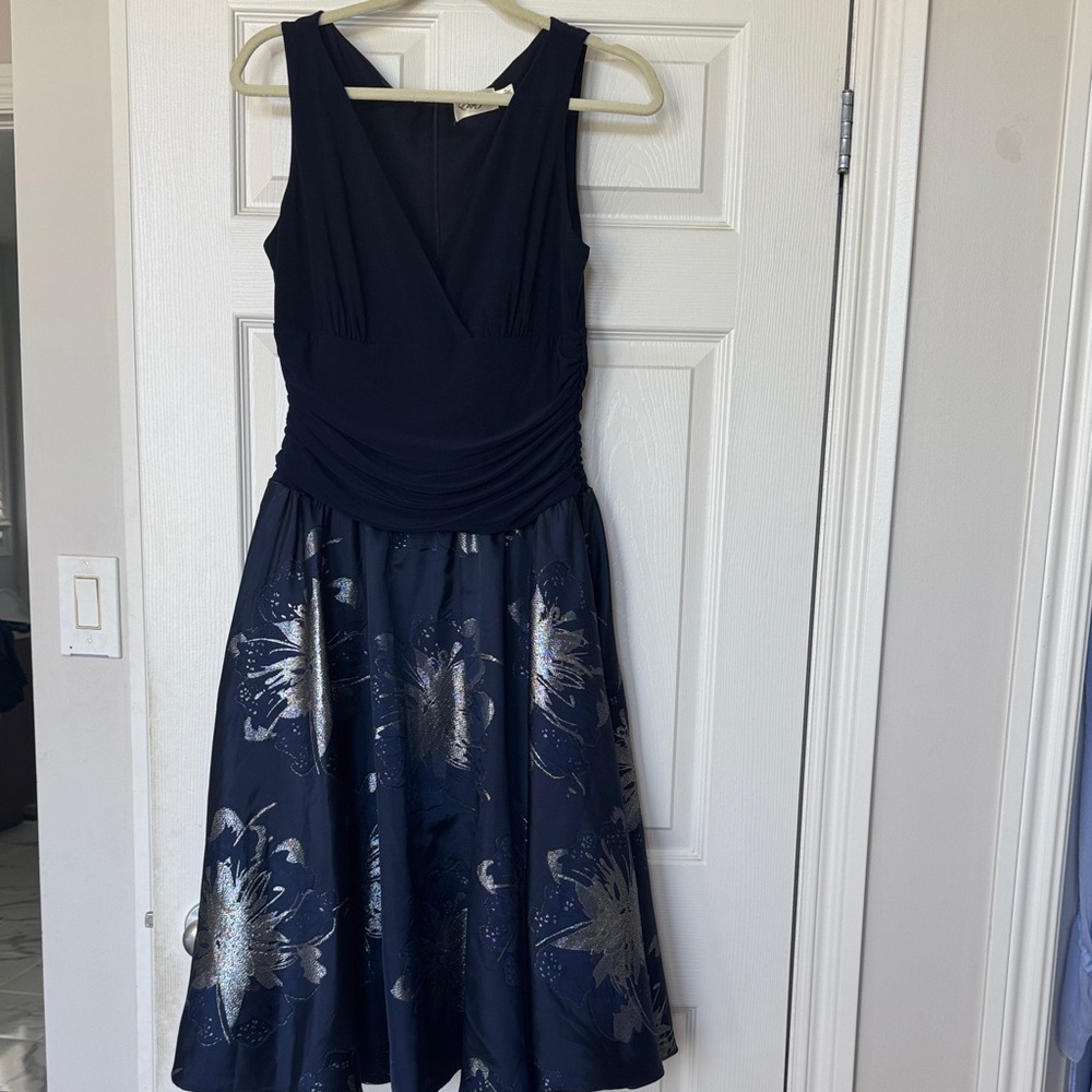 Eliza J Navy and Silver Floral Midi Dress
